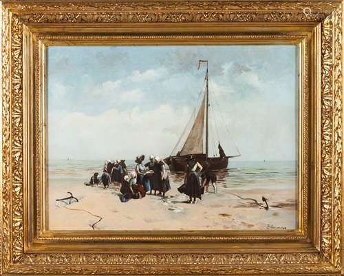 European school, 20th centuryA beach with figures and boats ...