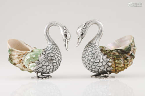 A pair of ducksPortuguese silver and shell Moulded and chise...