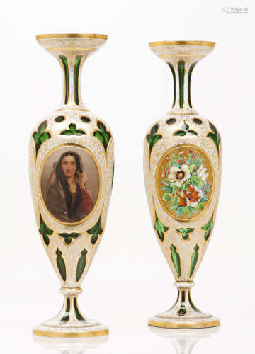 A pair of Bohemian vasesOverlay green and white glass Cut an...