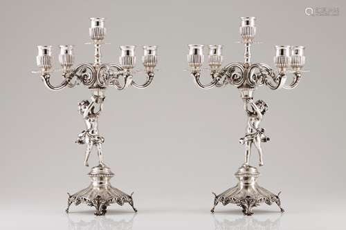 A pair of five branch candelabraPortuguese silver Engraved v...