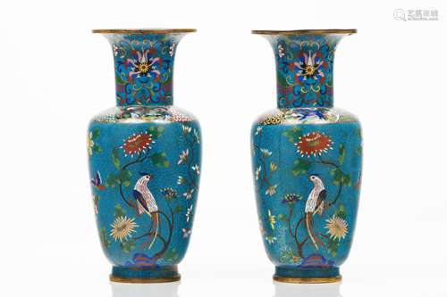 A pair of vasesEnamel Polychrome decoration of bird and foli...