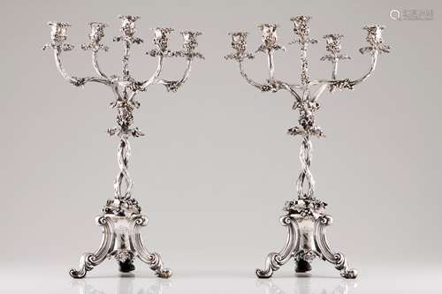 A pair of large Victorian five branch candelabraSilvered met...