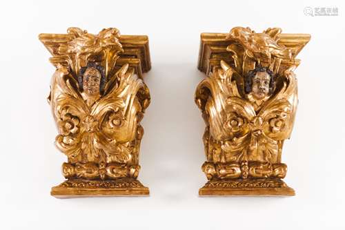 A pair of columnsCarved, gilt and polychrome wood Shaft of r...