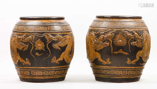 A pair of large potsGlazed ceramic Low-relief dragon's decor...