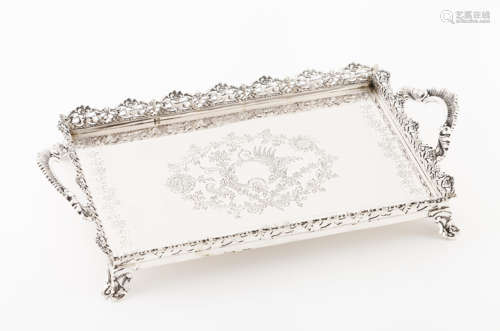 A traySilver Rectangular shaped of engraved foliage decorati...