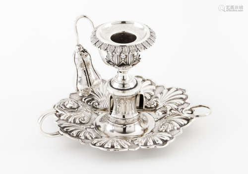 A chamberstick with snufferPortuguese silver Stand of raised...