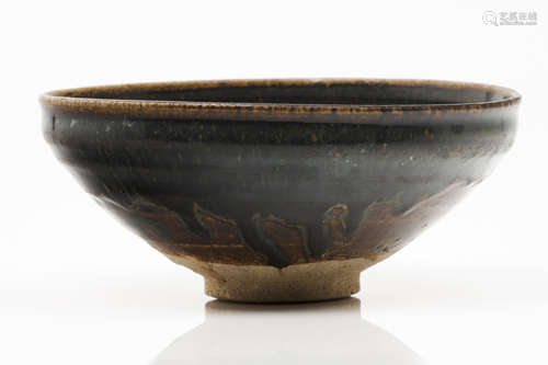 A bowl Stoneware Black glazed of five reddish-brown blots Ji...