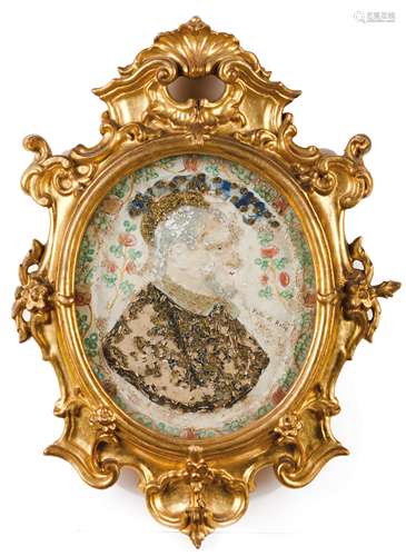 A votive sceneCarved and gilt wood frame Salt paste made eff...