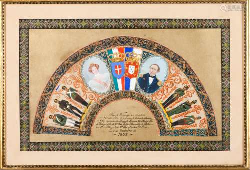 A framed fanPainted on silk Commemorative of the marriage of...