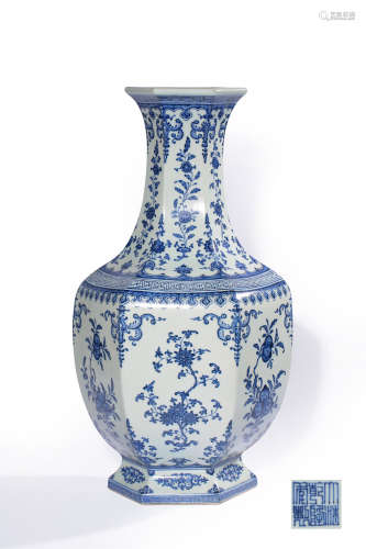 A Blue And White Sanduo Hexagonal Vase