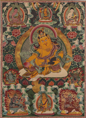 An Embroidered Thangka Of Yellow Jambhala