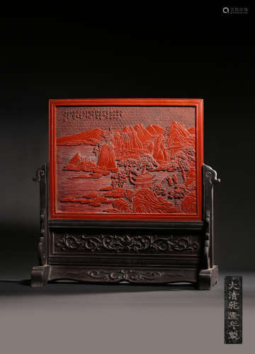 A Cinnabar Lacquer Landscape And Figure Inscribed Table Scre...