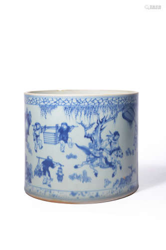 A Blue And White Figural Brush Pot