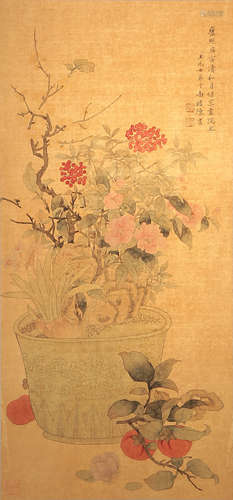 Furnishings, Chinese Painting Silk Scroll