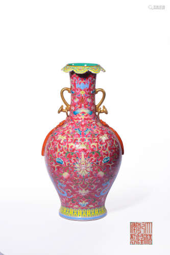A Rouge-Red-Ground And Yangcai Baoxiang Flower Dish-Top Vase
