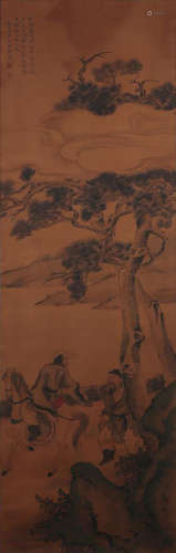 Friends Visit, Chinese Painting Silk Scroll, Wu Wei Mark