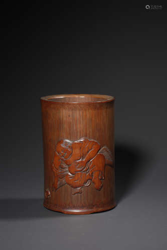 A Carved Bamboo Liuhai And His Toad Brush Pot