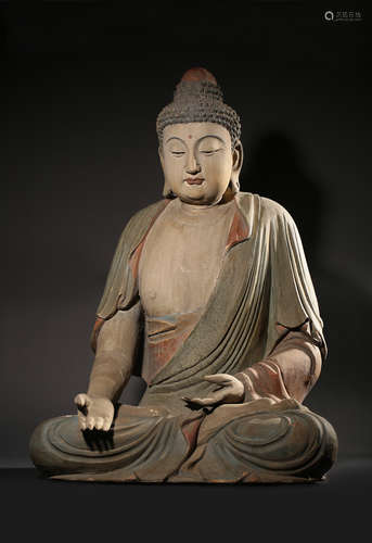 A Painted Wood Carving Of Shakyamuni Statue