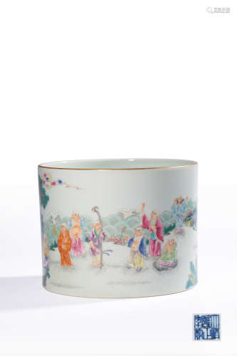 A Famille Rose Eighteen Arhats Brush Pot