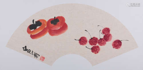 A Chinese Persimmon Fan Painting, Qi Baishi Mark