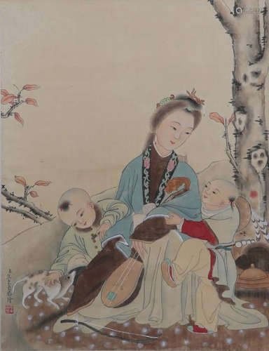 Teaching, Chinese Painting Silk Scroll, Jiao Bingzhen Mark