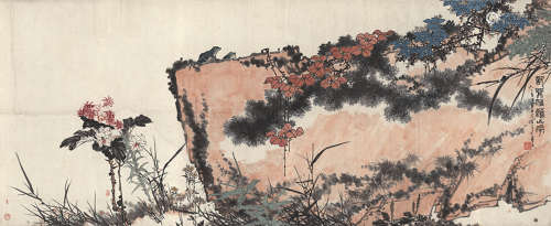 Flowers And Stone, Chinese Painting Scroll, Pan Tianshou Mar...