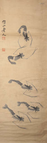 Five Shrimps, Chinese Painting Scroll, Qi Baishi Mark