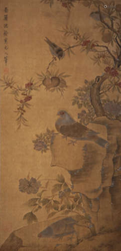 Flowers And Birds, Chinese Painting Silk Scroll, Shen Quan M...