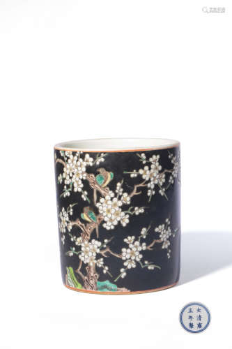 A Black-Ground And Famille Rose Magpie And Prunus Brush Pot