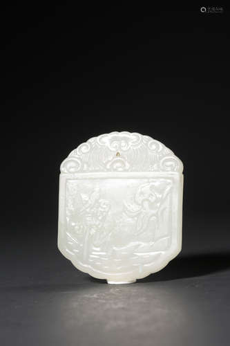 A Carved White Jade Immortal Plaque Pendant