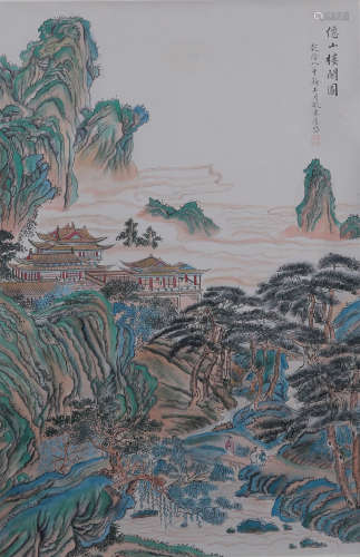 Pavilion Scenery, Chinese Painting Silk Scroll, Tang Dai Mar...