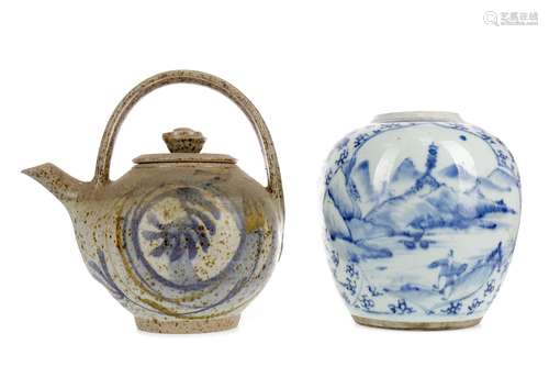 A LATE 19TH CENTURY CHINESE BLUE AND WHITE JAR AND A TEA POT