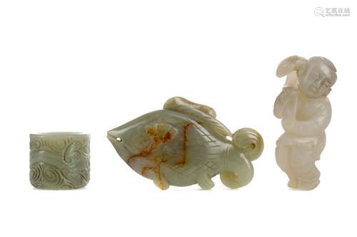 A 20TH CENTURY CHINESE JADE ARCHER'S RING, FISH AND MALE CAR...