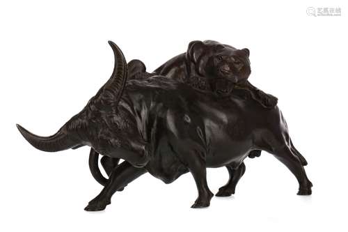 A JAPANESE BRONZE GROUP OF A TIGER ATTACKING A WATER BUFFALO