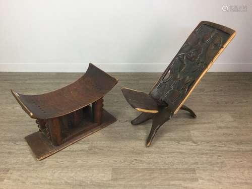 AN AFRCIAN HARDWOOD FOLDING CHAIR AND A STOOL