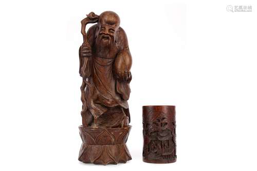 A CHINESE CARVED WOOD FIGURE OF SHAO LAO AND A BRUSH POT