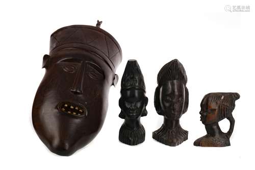 AN AFRICAN CARVED WOOD WALL MASK, ANOTHER MASK AND BUSTS