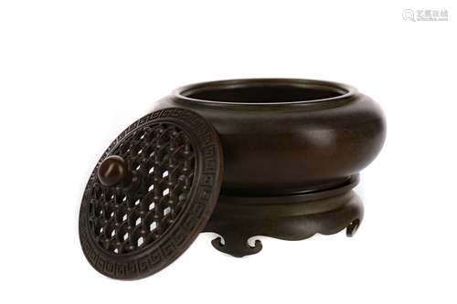 CHINESE BRONZE LIDDED CENSER ON STAND