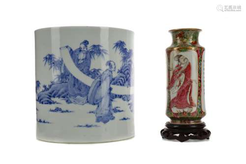 AN EARLY 20TH CENTURY CHINESE FAMILLE ROSE VASE AND A BLUE A...
