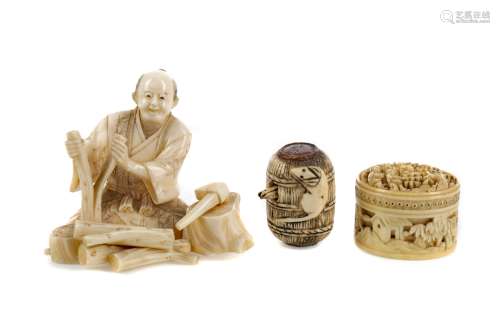 A JAPANESE IVORY CARVING AND TWO OTHER ITEMS
