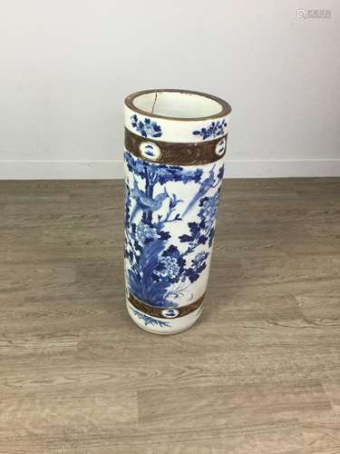 A LATE 19TH CENTURY CHINESE BLUE AND WHITE STONEWARE STICK S...