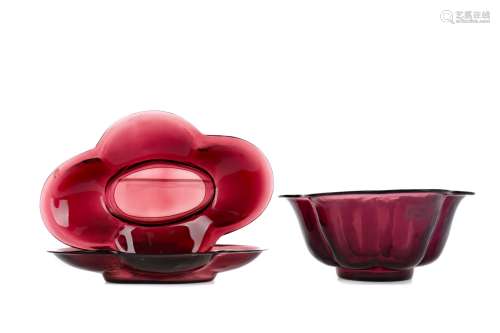 A PEKING GLASS SHAPED CIRCULAR BOWL AND TWO DISHES