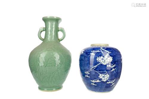 A 20TH CENTURY CHINESE CELADON VASE AND A BLUE AND WHITE JAR