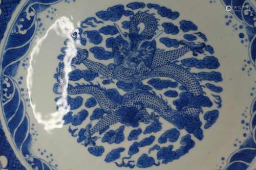 A LARGE CHINESE BLUE AND WHITE DRAGON CHARGER ,D 36.5CM A/F