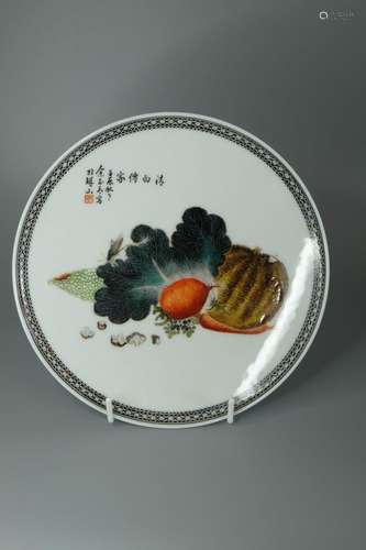 CHINESE FAMILLE ROSE PLATE ,SIGNED,D 23.7CM