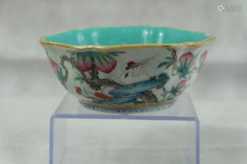 A CHINESE FAMILLE ROSE BOWL DECORATED PEACHES AND CRANE , HE...