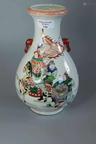 CHINESE FAMILLE VERTE ELEPHANT EAR VASE ,H25.5CM.