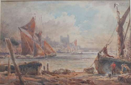 A WATERCOLOUR LANDSCAPE WITH FIGUES AND SHIP,SIGNED ,73X 57C...