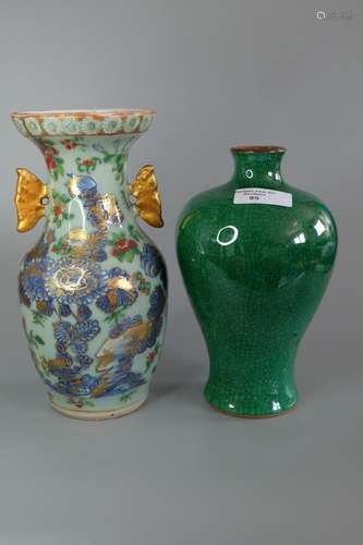 A CHINESE FAMILLE ROSE VASE AND A GREEN GLAZED MEIPING VASE,...