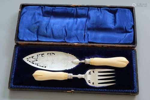 A PAIR OF SILVER AND IVORY HANDLE FISH SERVERS ,KNIFE 30CM,F...